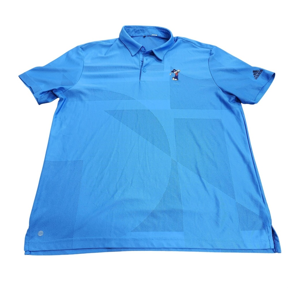 Adidas Polo Shirt Mens XL Blue Geometric Mickey Mouse Golf Logo Mesh Casual